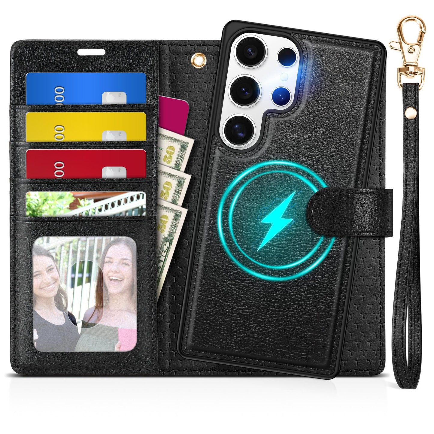 TUCCH Wallet Case for Galaxy S25 Ultra, Removable RFID Blocking [4 Card Slots] Wrist Strap Wireless Charging Kickstand PU Leather Magnetic Detachable Protective Cover for Galaxy S25 Ultra 6.9", Black - 7DAY'S