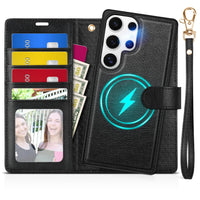 TUCCH Wallet Case for Galaxy S25 Ultra, Removable RFID Blocking [4 Card Slots] Wrist Strap Wireless Charging Kickstand PU Leather Magnetic Detachable Protective Cover for Galaxy S25 Ultra 6.9", Black - 7DAY'S