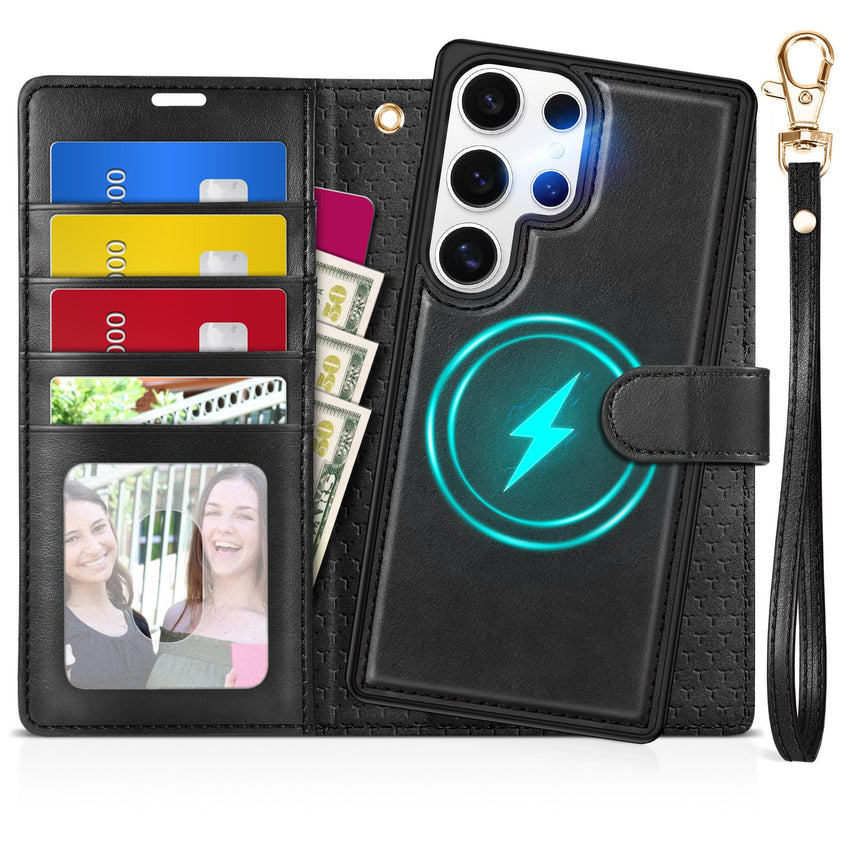 TUCCH Wallet Case for Galaxy S25 Ultra, Removable RFID Blocking [4 Card Slots] Wrist Strap Wireless Charging Kickstand PU Leather Magnetic Detachable Protective Cover for Galaxy S25 Ultra 6.9", Black - 7DAY'S