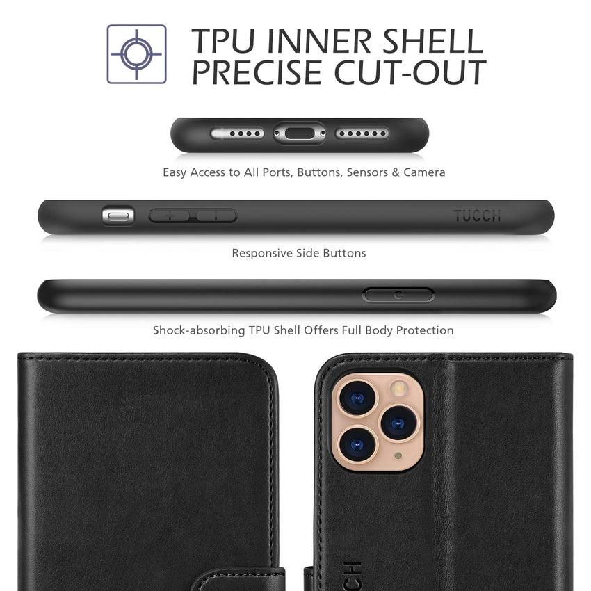 TUCCH Wallet Case for iPhone 11 Pro Max, Magnetic Auto Wake Sleep RFID Blocking Card Slot [Shockproof TPU Shell], PU Leather Stand Flip Cover Compatible with iPhone 11 Pro Max 6.5 inch 2019, Black - 7DAY'S