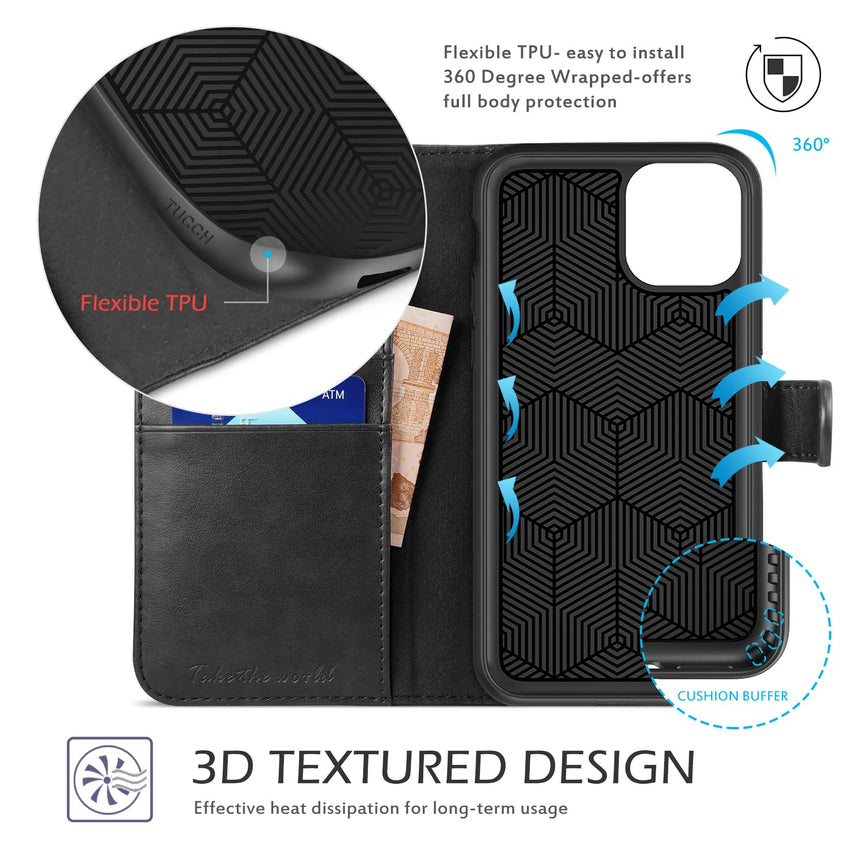 TUCCH Wallet Case for iPhone 11 Pro Max, Magnetic Auto Wake Sleep RFID Blocking Card Slot [Shockproof TPU Shell], PU Leather Stand Flip Cover Compatible with iPhone 11 Pro Max 6.5 inch 2019, Black - 7DAY'S