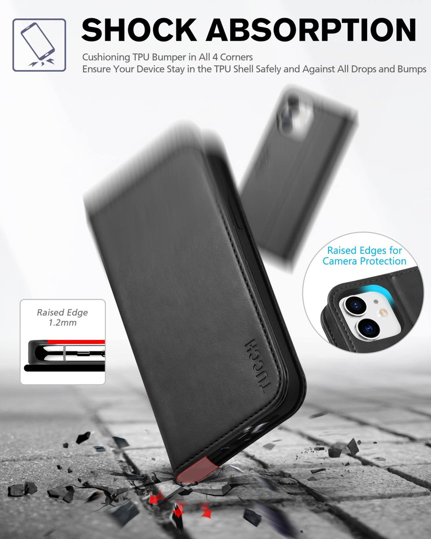 TUCCH Wallet Case for iPhone 12 Pro/iPhone 12 5G, Premium PU Leather Flip Folio Cover with Card Slot, Stand Book Design [Shockproof TPU Interior Case] Compatible with iPhone 12/12 Pro 6.1 - inch, Black - 7DAY'S