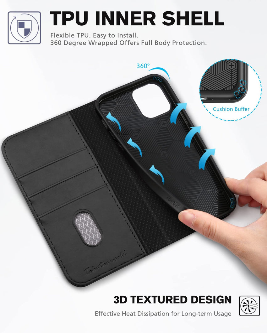 TUCCH Wallet Case for iPhone 12 Pro/iPhone 12 5G, Premium PU Leather Flip Folio Cover with Card Slot, Stand Book Design [Shockproof TPU Interior Case] Compatible with iPhone 12/12 Pro 6.1 - inch, Black - 7DAY'S