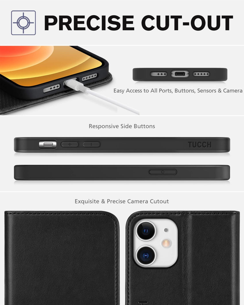 TUCCH Wallet Case for iPhone 12 Pro/iPhone 12 5G, Premium PU Leather Flip Folio Cover with Card Slot, Stand Book Design [Shockproof TPU Interior Case] Compatible with iPhone 12/12 Pro 6.1 - inch, Black - 7DAY'S