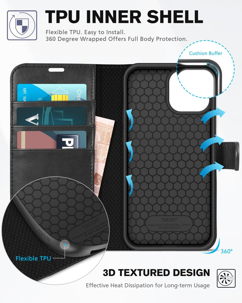 TUCCH Wallet Case for iPhone 13 Mini, [TPU Shockproof Inner Shell] PU Leather [RFID Blocking] [Credit Card Holder] Magnetic Stand Flip Cover Compatible with iPhone 13 Mini 5.4 - inch 2021, Black - 7DAY'S