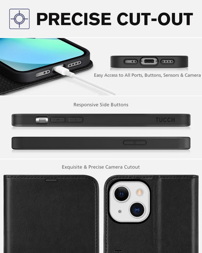 TUCCH Wallet Case for iPhone 13 Mini, [TPU Shockproof Inner Shell] PU Leather [RFID Blocking] [Credit Card Holder] Magnetic Stand Flip Cover Compatible with iPhone 13 Mini 5.4 - inch 2021, Black - 7DAY'S