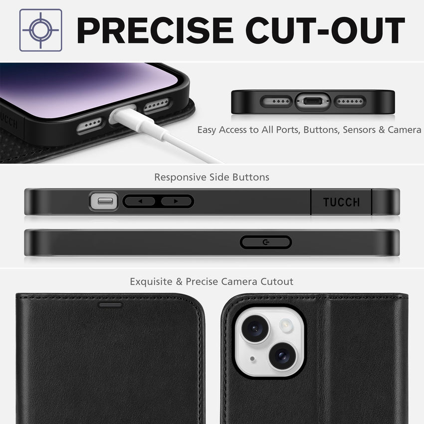 TUCCH Wallet Case for iPhone 14 Plus, [RFID Blocking] 4 Card Holder Stand [Shockproof TPU Interior Case] PU Leather Magnetic Protective Flip Cover Compatible with iPhone 14 Plus 6.7" 2022, Black - 7DAY'S
