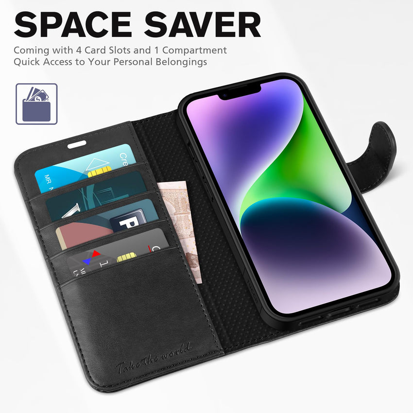 TUCCH Wallet Case for iPhone 14 Plus, [RFID Blocking] 4 Card Holder Stand [Shockproof TPU Interior Case] PU Leather Magnetic Protective Flip Cover Compatible with iPhone 14 Plus 6.7" 2022, Black - 7DAY'S