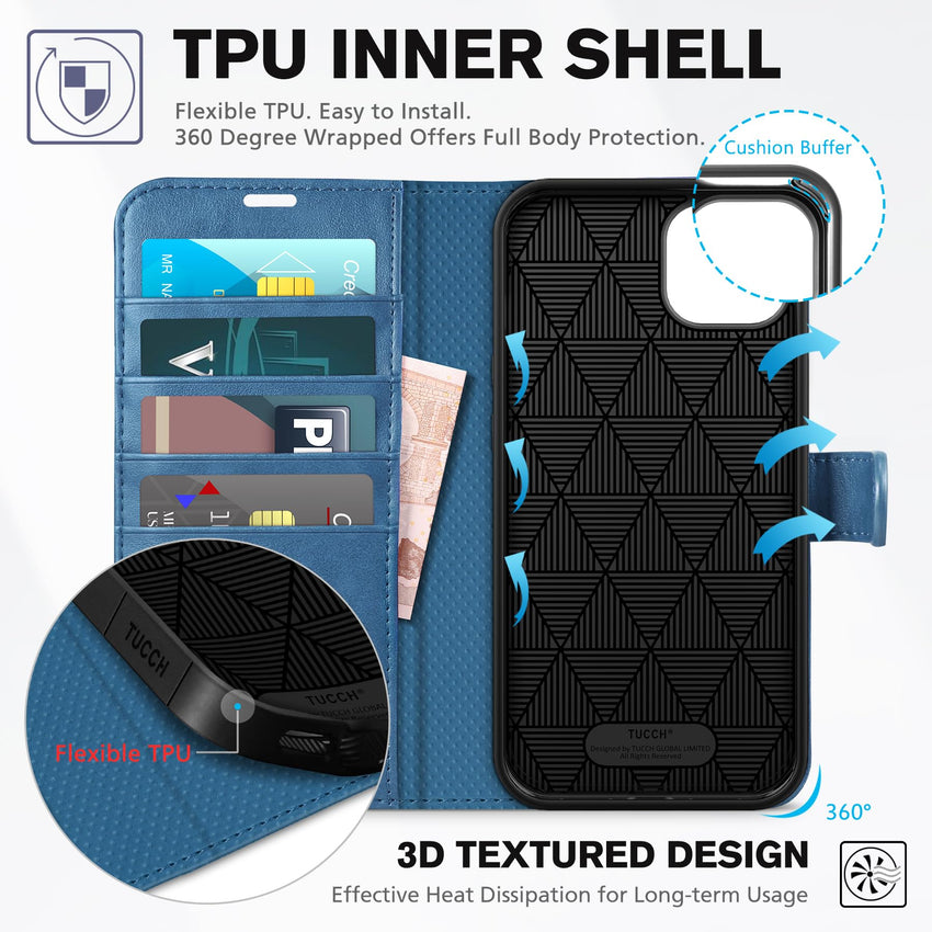 TUCCH Wallet Case for iPhone 14 Plus, [RFID Blocking] 4 Card Holder Stand [Shockproof TPU Interior Case] PU Leather Magnetic Protective Flip Cover Compatible with iPhone 14 Plus 6.7" 2022, Black - 7DAY'S