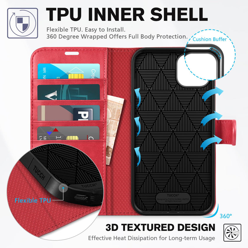 TUCCH Wallet Case for iPhone 14 Plus, [RFID Blocking] 4 Card Holder Stand [Shockproof TPU Interior Case] PU Leather Magnetic Protective Flip Cover Compatible with iPhone 14 Plus 6.7" 2022, Black - 7DAY'S