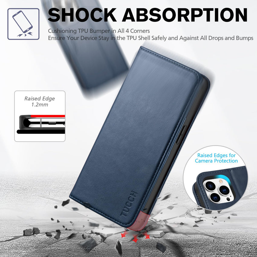 TUCCH Wallet Case for iPhone 14 Pro 6.1 5G, PU Leather Folio Case with [RFID Blocking] [3 Card Slot], Kickstand Book Design [Shockproof TPU Interior Case] Compatible with iPhone 14 Pro, Dark Blue - 7DAY'S