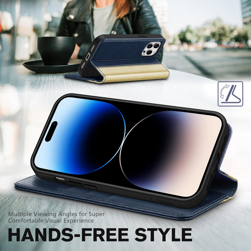 TUCCH Wallet Case for iPhone 14 Pro 6.1 5G, PU Leather Folio Case with [RFID Blocking] [3 Card Slot], Kickstand Book Design [Shockproof TPU Interior Case] Compatible with iPhone 14 Pro, Dark Blue - 7DAY'S