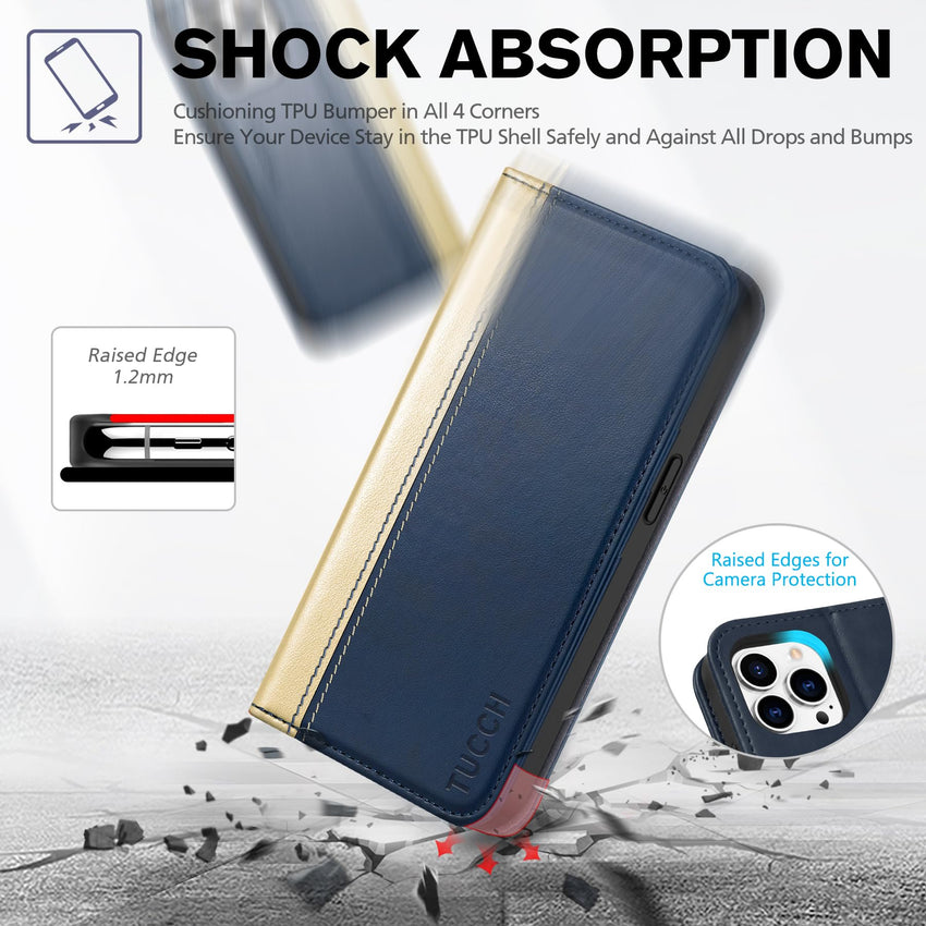 TUCCH Wallet Case for iPhone 14 Pro 6.1 5G, PU Leather Folio Case with [RFID Blocking] [3 Card Slot], Kickstand Book Design [Shockproof TPU Interior Case] Compatible with iPhone 14 Pro, Dark Blue - 7DAY'S