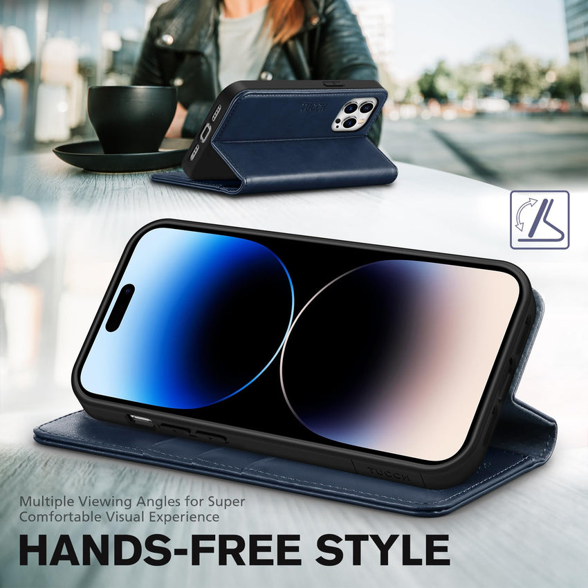 TUCCH Wallet Case for iPhone 14 Pro 6.1 5G, PU Leather Folio Case with [RFID Blocking] [3 Card Slot], Kickstand Book Design [Shockproof TPU Interior Case] Compatible with iPhone 14 Pro, Dark Blue - 7DAY'S