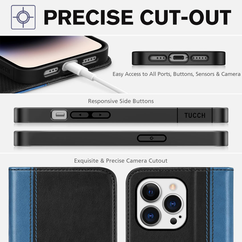 TUCCH Wallet Case for iPhone 14 Pro 6.1 5G, PU Leather Folio Case with [RFID Blocking] [3 Card Slot], Kickstand Book Design [Shockproof TPU Interior Case] Compatible with iPhone 14 Pro, Dark Blue - 7DAY'S