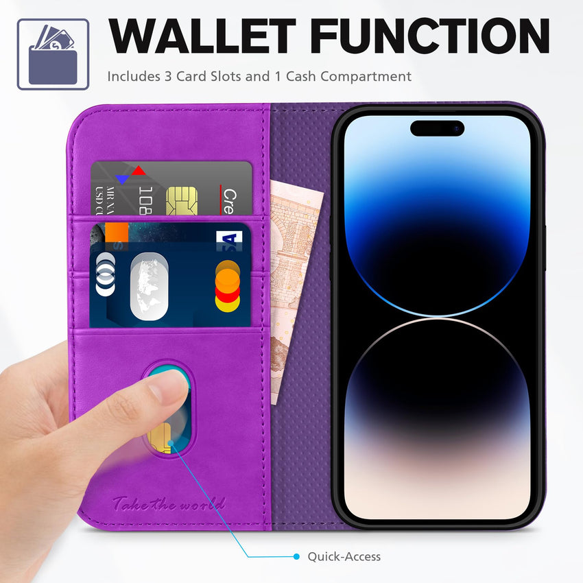TUCCH Wallet Case for iPhone 14 Pro 6.1 5G, PU Leather Folio Case with [RFID Blocking] [3 Card Slot], Kickstand Book Design [Shockproof TPU Interior Case] Compatible with iPhone 14 Pro, Dark Blue - 7DAY'S