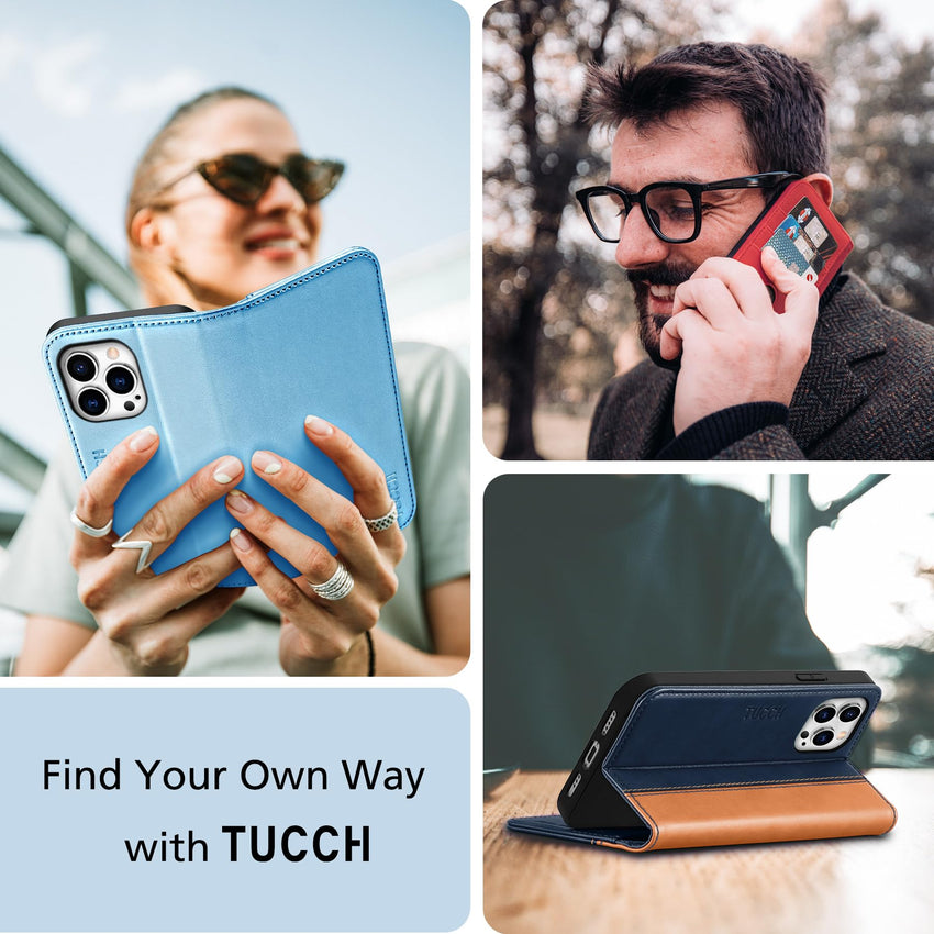 TUCCH Wallet Case for iPhone 14 Pro 6.1 5G, PU Leather Folio Case with [RFID Blocking] [3 Card Slot], Kickstand Book Design [Shockproof TPU Interior Case] Compatible with iPhone 14 Pro, Dark Blue - 7DAY'S