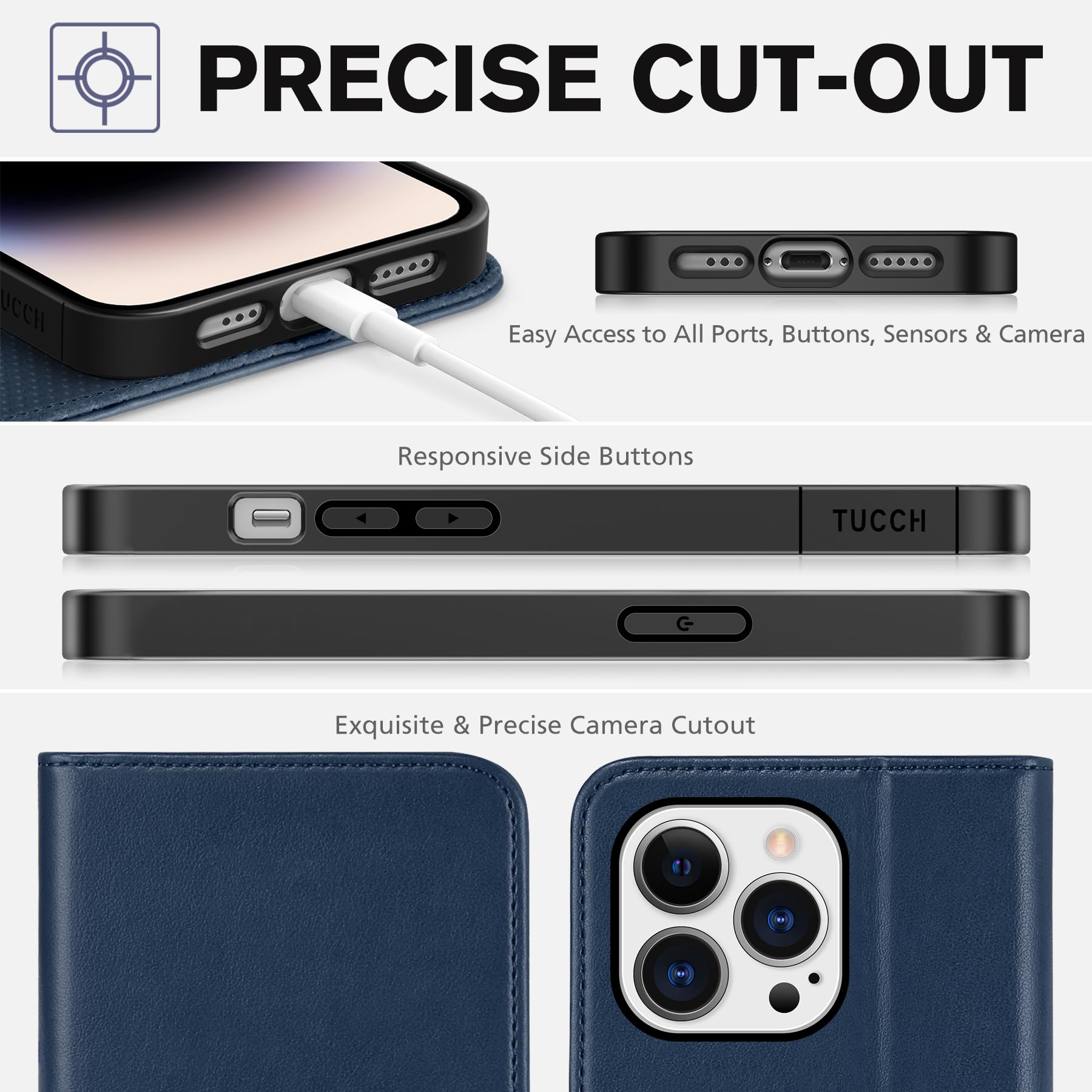 TUCCH Wallet Case for iPhone 14 Pro 6.1 5G, PU Leather Folio Case with [RFID Blocking] [3 Card Slot], Kickstand Book Design [Shockproof TPU Interior Case] Compatible with iPhone 14 Pro, Dark Blue - 7DAY'S