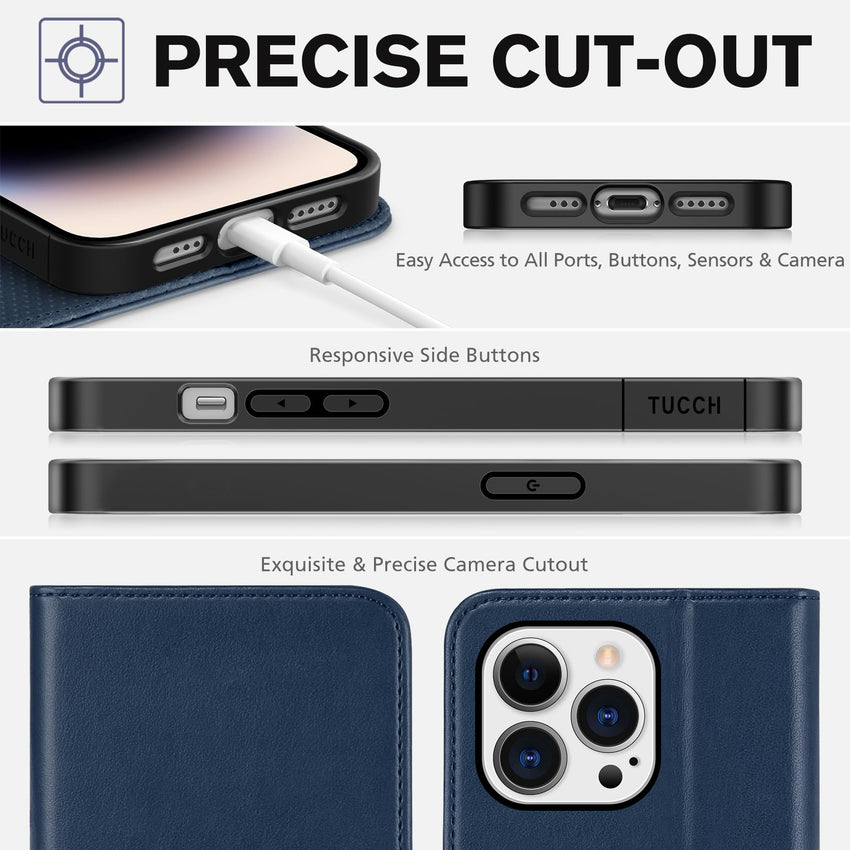 TUCCH Wallet Case for iPhone 14 Pro 6.1 5G, PU Leather Folio Case with [RFID Blocking] [3 Card Slot], Kickstand Book Design [Shockproof TPU Interior Case] Compatible with iPhone 14 Pro, Dark Blue - 7DAY'S