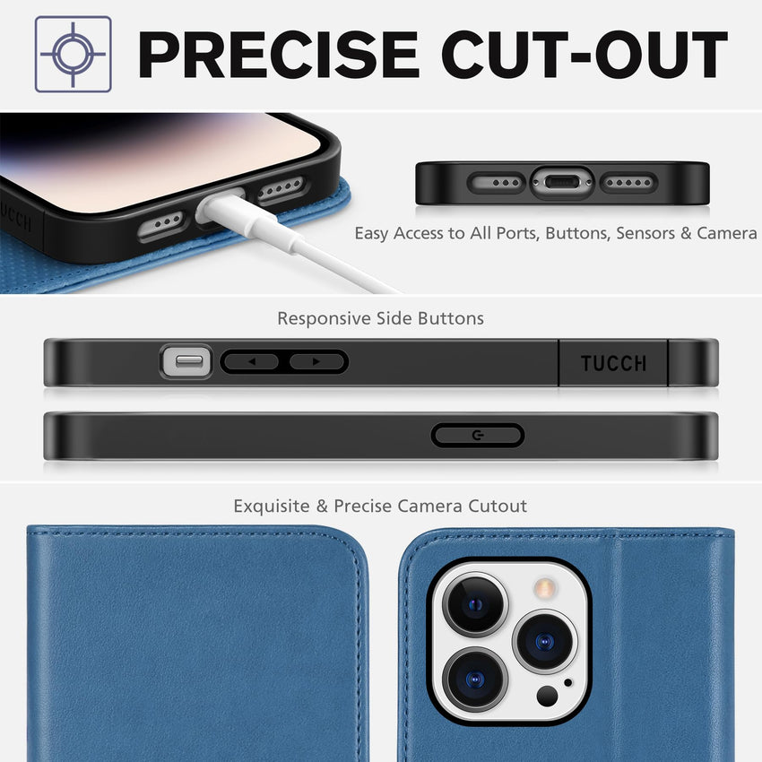 TUCCH Wallet Case for iPhone 14 Pro 6.1 5G, PU Leather Folio Case with [RFID Blocking] [3 Card Slot], Kickstand Book Design [Shockproof TPU Interior Case] Compatible with iPhone 14 Pro, Dark Blue - 7DAY'S