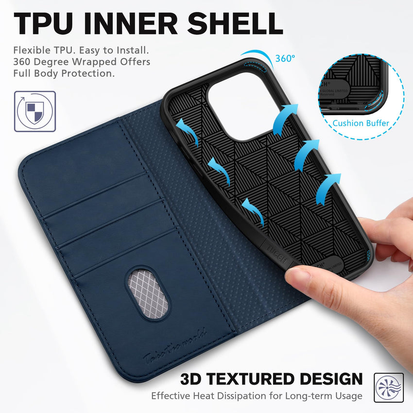 TUCCH Wallet Case for iPhone 14 Pro 6.1 5G, PU Leather Folio Case with [RFID Blocking] [3 Card Slot], Kickstand Book Design [Shockproof TPU Interior Case] Compatible with iPhone 14 Pro, Dark Blue - 7DAY'S