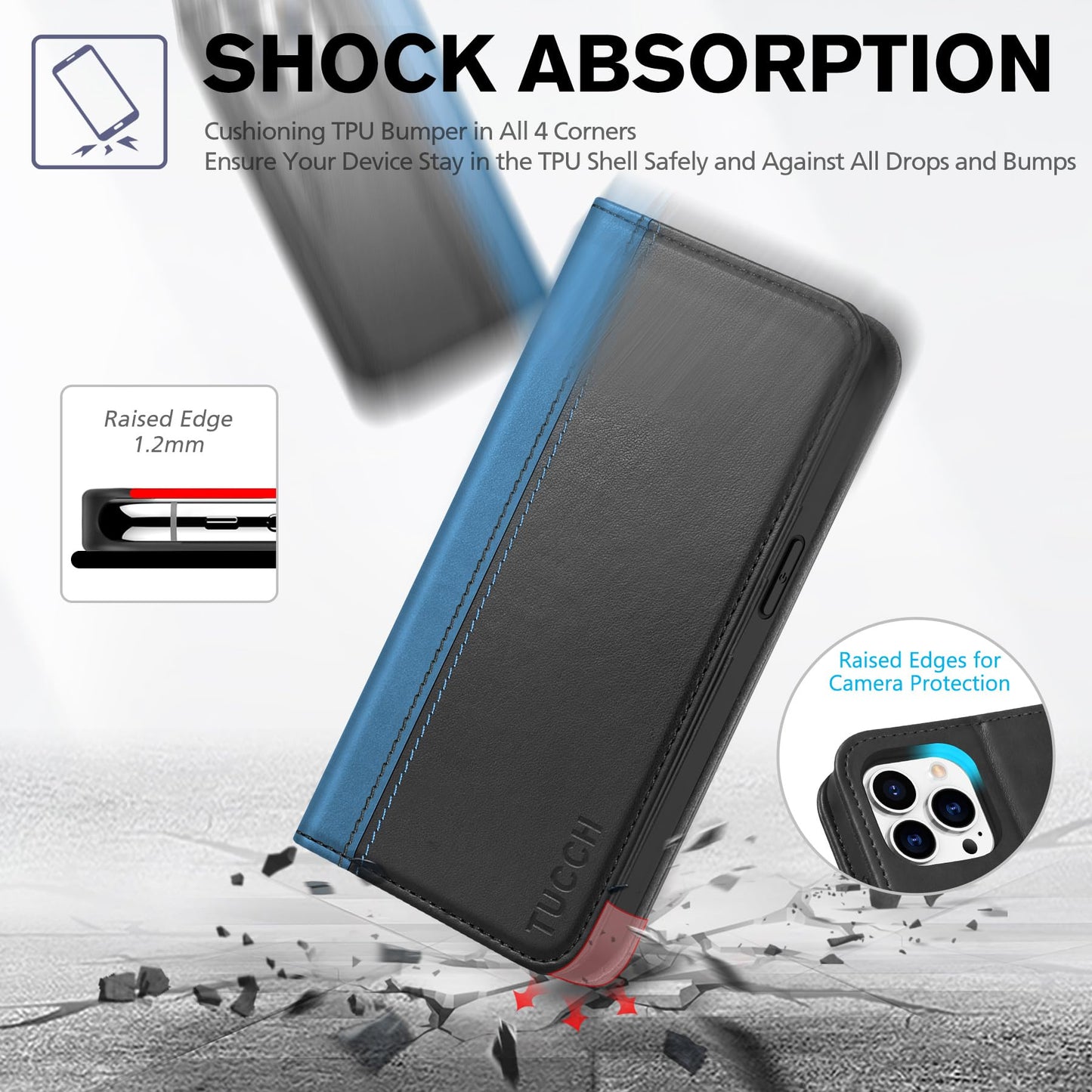 TUCCH Wallet Case for iPhone 14 Pro 6.1 5G, PU Leather Folio Case with [RFID Blocking] [3 Card Slot], Kickstand Book Design [Shockproof TPU Interior Case] Compatible with iPhone 14 Pro, Dark Blue - 7DAY'S