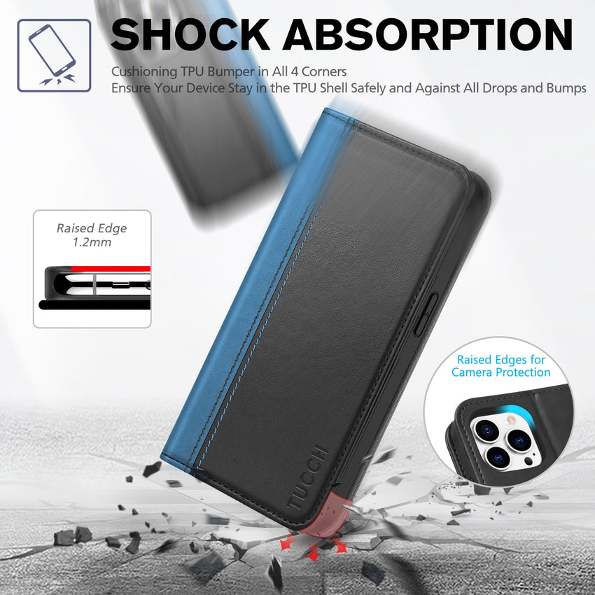 TUCCH Wallet Case for iPhone 14 Pro 6.1 5G, PU Leather Folio Case with [RFID Blocking] [3 Card Slot], Kickstand Book Design [Shockproof TPU Interior Case] Compatible with iPhone 14 Pro, Dark Blue - 7DAY'S