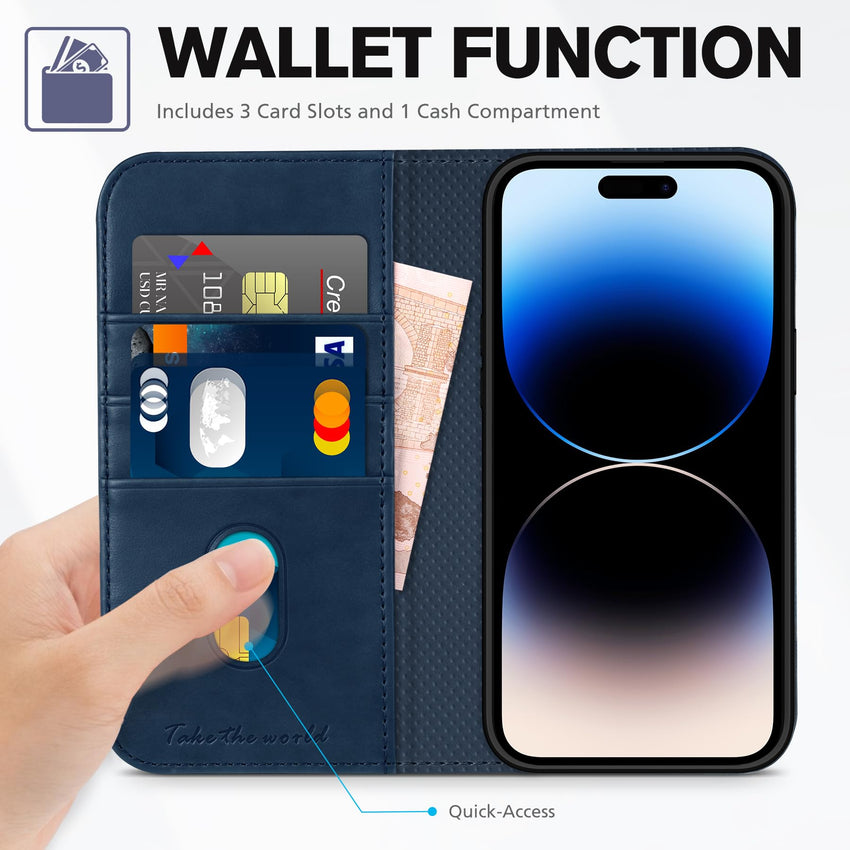 TUCCH Wallet Case for iPhone 14 Pro 6.1 5G, PU Leather Folio Case with [RFID Blocking] [3 Card Slot], Kickstand Book Design [Shockproof TPU Interior Case] Compatible with iPhone 14 Pro, Dark Blue - 7DAY'S