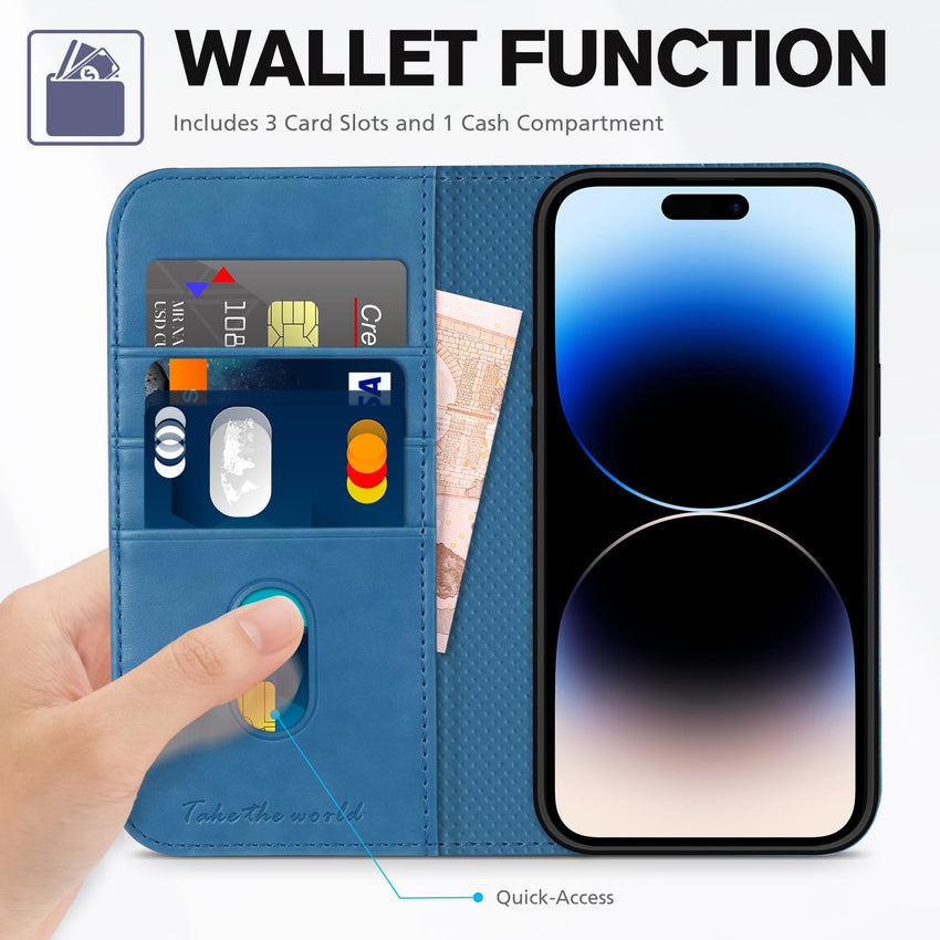 TUCCH Wallet Case for iPhone 14 Pro 6.1 5G, PU Leather Folio Case with [RFID Blocking] [3 Card Slot], Kickstand Book Design [Shockproof TPU Interior Case] Compatible with iPhone 14 Pro, Dark Blue - 7DAY'S