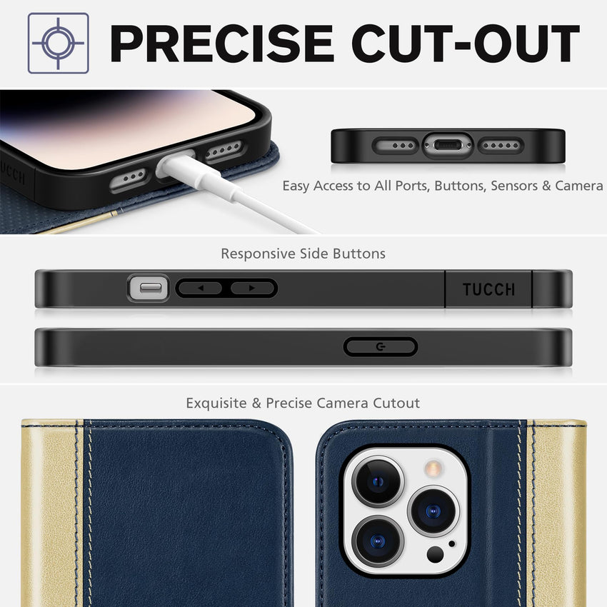 TUCCH Wallet Case for iPhone 14 Pro 6.1 5G, PU Leather Folio Case with [RFID Blocking] [3 Card Slot], Kickstand Book Design [Shockproof TPU Interior Case] Compatible with iPhone 14 Pro, Dark Blue - 7DAY'S