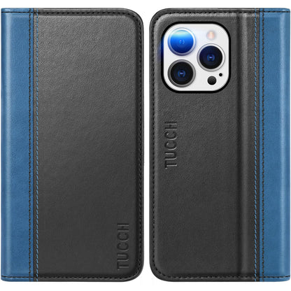 TUCCH Wallet Case for iPhone 14 Pro 6.1 5G, PU Leather Folio Case with [RFID Blocking] [3 Card Slot], Kickstand Book Design [Shockproof TPU Interior Case] Compatible with iPhone 14 Pro, Dark Blue - 7DAY'S