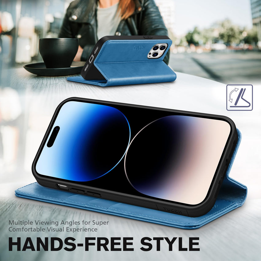 TUCCH Wallet Case for iPhone 14 Pro 6.1 5G, PU Leather Folio Case with [RFID Blocking] [3 Card Slot], Kickstand Book Design [Shockproof TPU Interior Case] Compatible with iPhone 14 Pro, Dark Blue - 7DAY'S