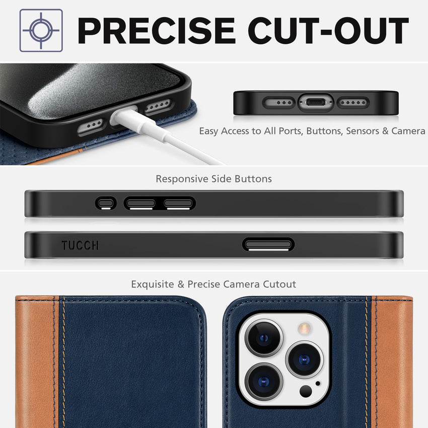TUCCH Wallet Case for iPhone 15 Pro 6.1", PU Leather Folio with RFID Blocking [3 Card Slot], Kickstand Book Design [Shockproof TPU Interior Case] Compatible with iPhone 15 Pro 5G 2023, Dark Blue - 7DAY'S