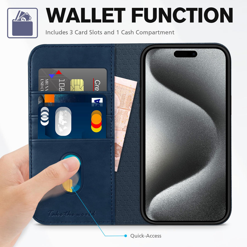 TUCCH Wallet Case for iPhone 15 Pro 6.1", PU Leather Folio with RFID Blocking [3 Card Slot], Kickstand Book Design [Shockproof TPU Interior Case] Compatible with iPhone 15 Pro 5G 2023, Dark Blue - 7DAY'S