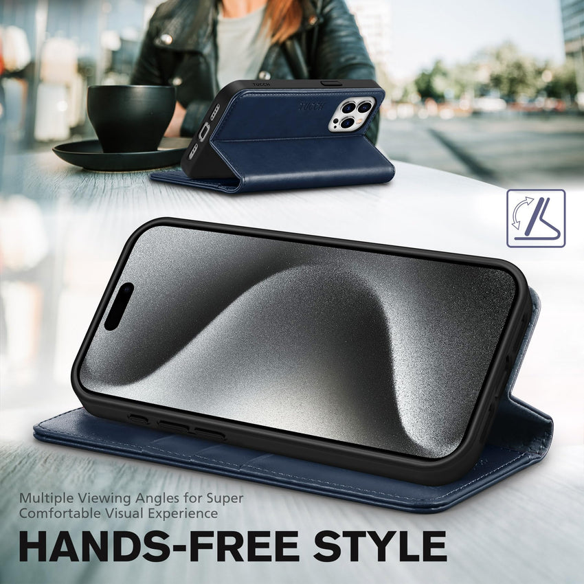 TUCCH Wallet Case for iPhone 15 Pro 6.1", PU Leather Folio with RFID Blocking [3 Card Slot], Kickstand Book Design [Shockproof TPU Interior Case] Compatible with iPhone 15 Pro 5G 2023, Dark Blue - 7DAY'S