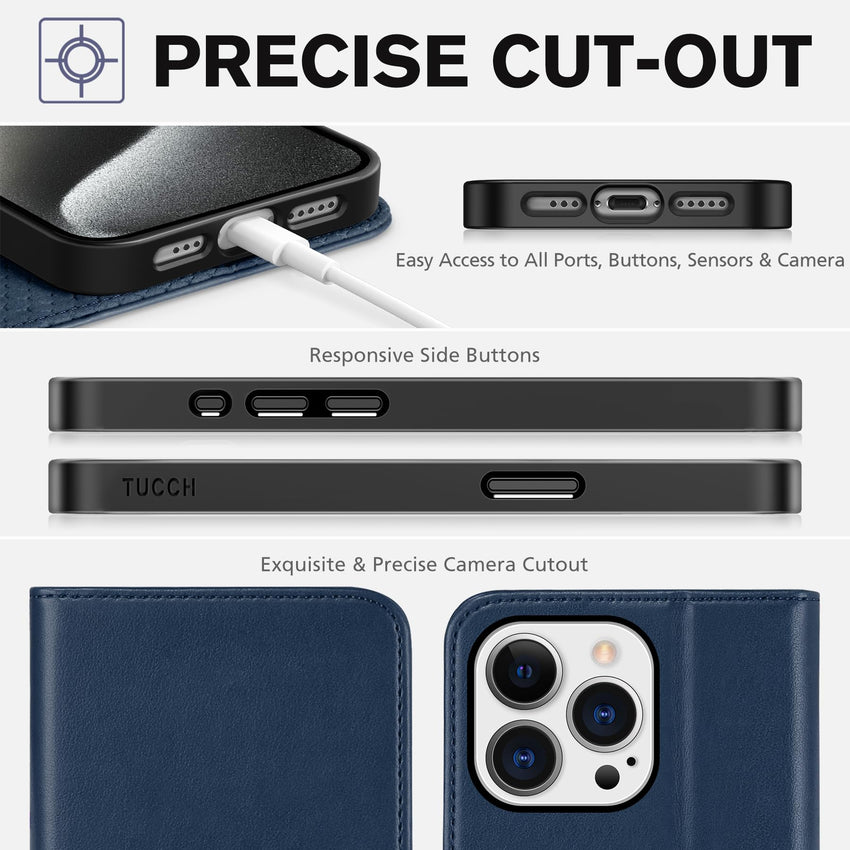 TUCCH Wallet Case for iPhone 15 Pro 6.1", PU Leather Folio with RFID Blocking [3 Card Slot], Kickstand Book Design [Shockproof TPU Interior Case] Compatible with iPhone 15 Pro 5G 2023, Dark Blue - 7DAY'S