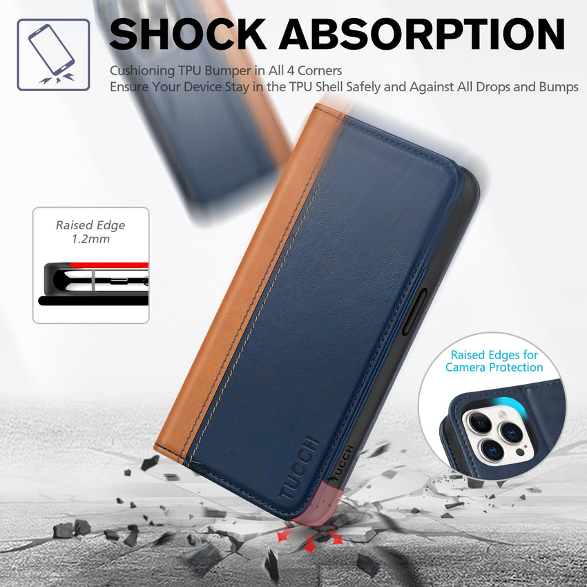 TUCCH Wallet Case for iPhone 15 Pro 6.1", PU Leather Folio with RFID Blocking [3 Card Slot], Kickstand Book Design [Shockproof TPU Interior Case] Compatible with iPhone 15 Pro 5G 2023, Dark Blue - 7DAY'S