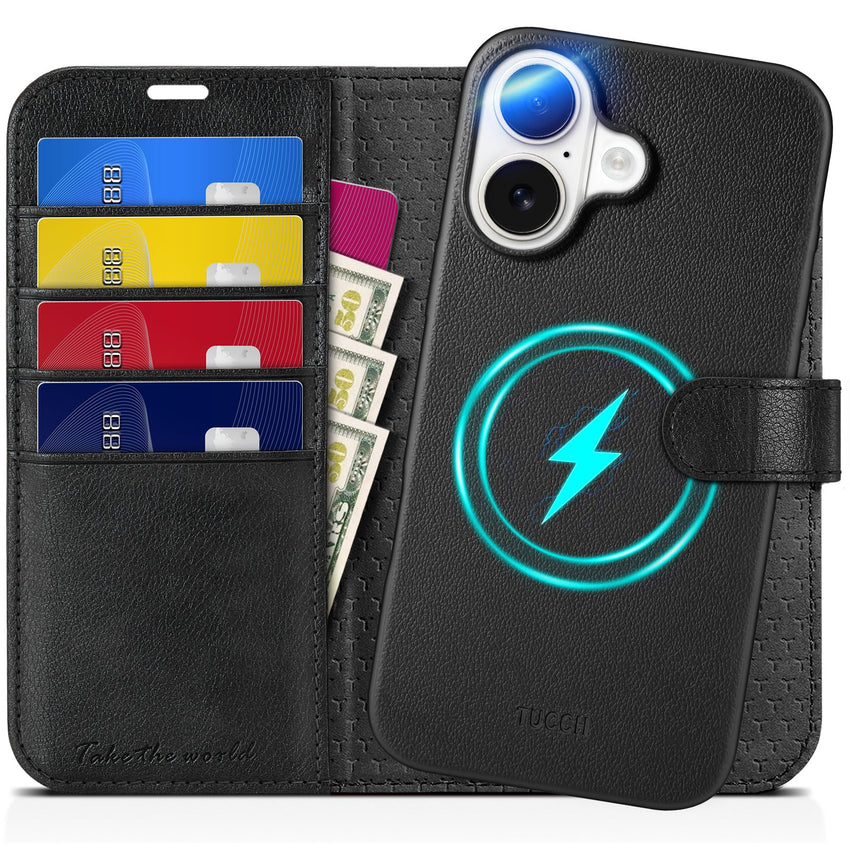 TUCCH Wallet Case for iPhone 16 Pro, [Removable] 2 in 1 [Wireless Charging] RFID Blocking [4 Card Holders] PU Leather Cover, Magnetic Detachable Folding Stand Folio Case for iPhone 16 Pro, Light Brown - 7DAY'S