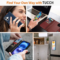 TUCCH Wallet Case for iPhone 16 Pro, [Removable] 2 in 1 [Wireless Charging] RFID Blocking [4 Card Holders] PU Leather Cover, Magnetic Detachable Folding Stand Folio Case for iPhone 16 Pro, Light Brown - 7DAY'S