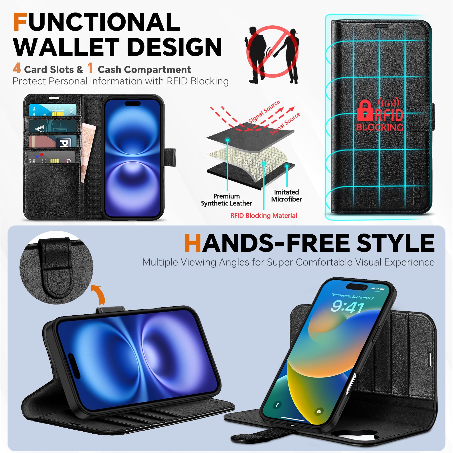 TUCCH Wallet Case for iPhone 16 Pro, [Removable] 2 in 1 [Wireless Charging] RFID Blocking [4 Card Holders] PU Leather Cover, Magnetic Detachable Folding Stand Folio Case for iPhone 16 Pro, Light Brown - 7DAY'S