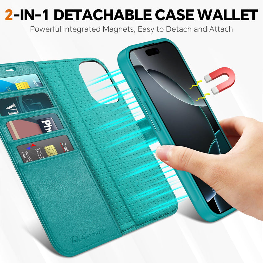 TUCCH Wallet Case for iPhone 16 Pro, [Removable] 2 in 1 [Wireless Charging] RFID Blocking [4 Card Holders] PU Leather Cover, Magnetic Detachable Folding Stand Folio Case for iPhone 16 Pro, Light Brown - 7DAY'S