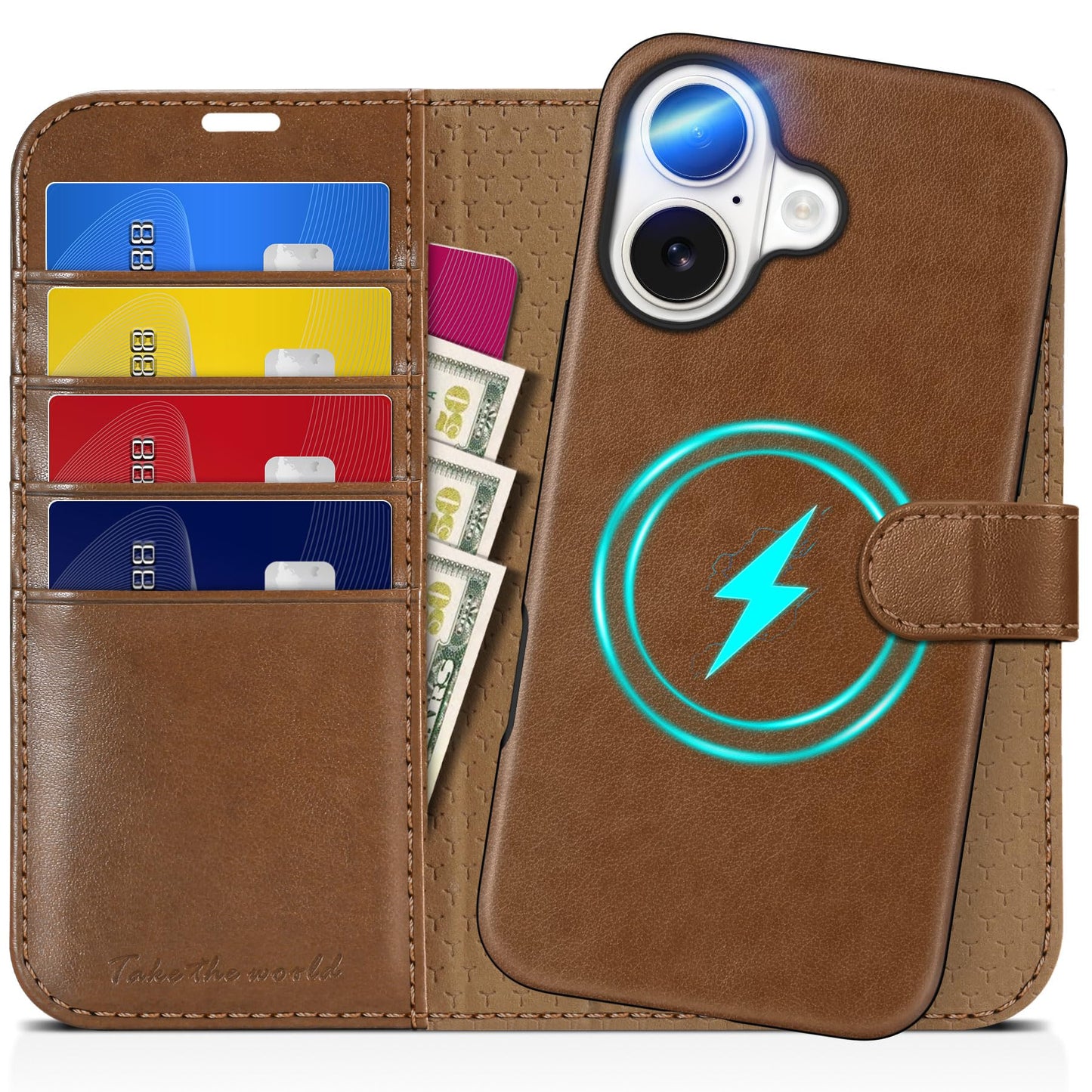 TUCCH Wallet Case for iPhone 16 Pro, [Removable] 2 in 1 [Wireless Charging] RFID Blocking [4 Card Holders] PU Leather Cover, Magnetic Detachable Folding Stand Folio Case for iPhone 16 Pro, Light Brown - 7DAY'S