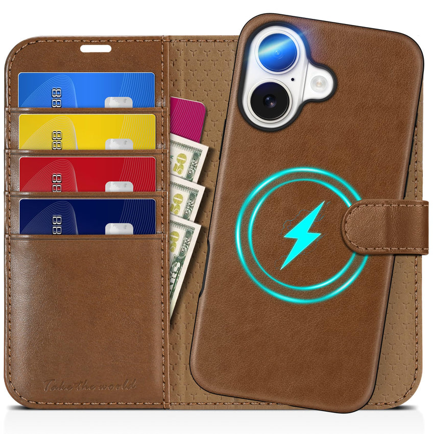 TUCCH Wallet Case for iPhone 16 Pro, [Removable] 2 in 1 [Wireless Charging] RFID Blocking [4 Card Holders] PU Leather Cover, Magnetic Detachable Folding Stand Folio Case for iPhone 16 Pro, Light Brown - 7DAY'S