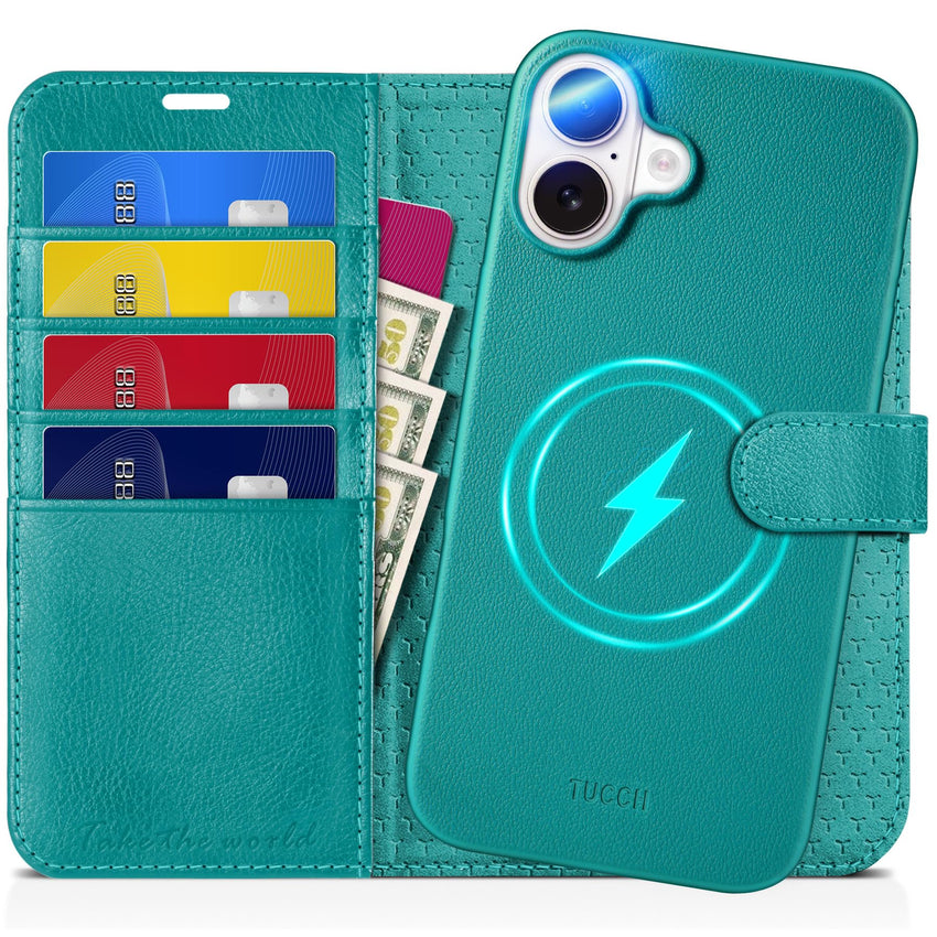 TUCCH Wallet Case for iPhone 16 Pro, [Removable] 2 in 1 [Wireless Charging] RFID Blocking [4 Card Holders] PU Leather Cover, Magnetic Detachable Folding Stand Folio Case for iPhone 16 Pro, Light Brown - 7DAY'S
