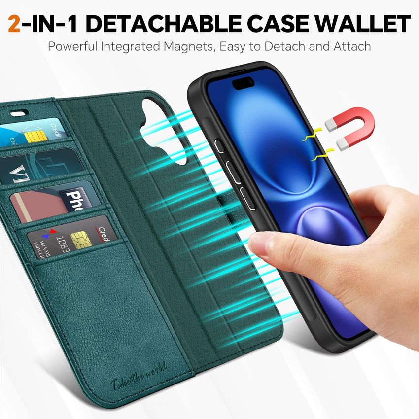 TUCCH Wallet Case for iPhone 16 Pro, [Removable] 2 in 1 [Wireless Charging] RFID Blocking [4 Card Holders] PU Leather Cover, Magnetic Detachable Folding Stand Folio Case for iPhone 16 Pro, Light Brown - 7DAY'S