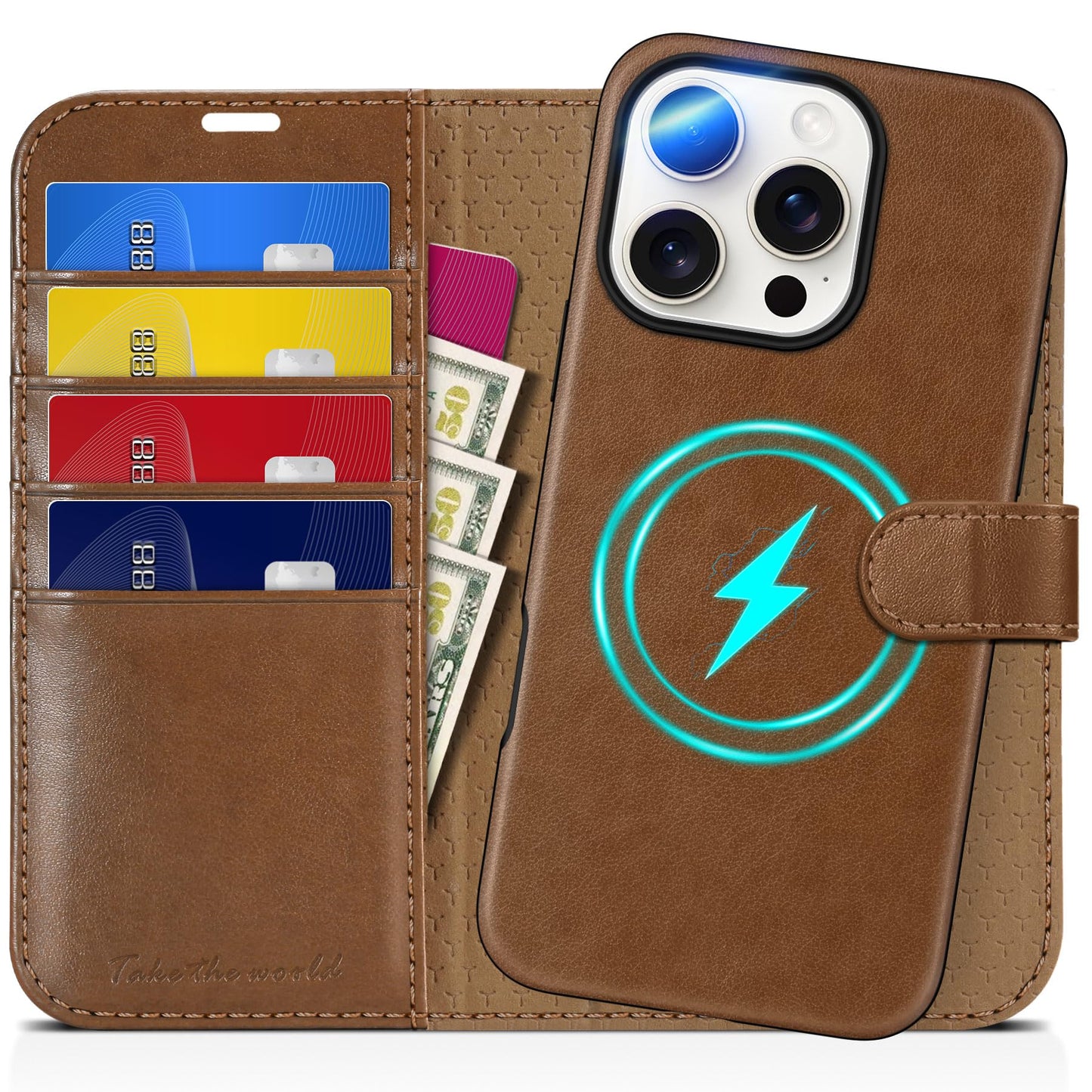 TUCCH Wallet Case for iPhone 16 Pro, [Removable] 2 in 1 [Wireless Charging] RFID Blocking [4 Card Holders] PU Leather Cover, Magnetic Detachable Folding Stand Folio Case for iPhone 16 Pro, Light Brown - 7DAY'S