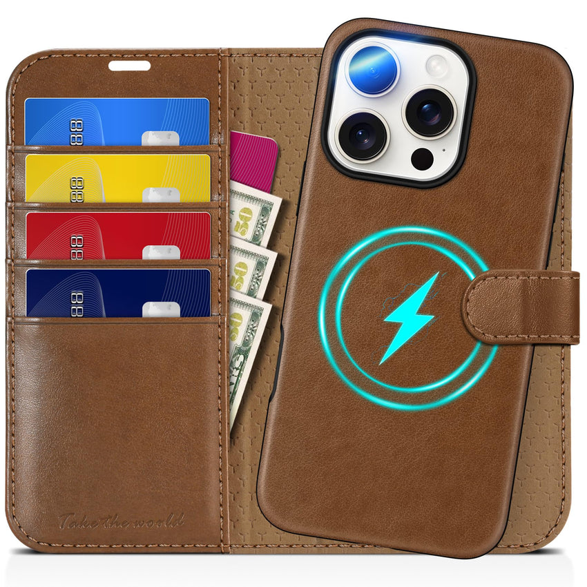 TUCCH Wallet Case for iPhone 16 Pro, [Removable] 2 in 1 [Wireless Charging] RFID Blocking [4 Card Holders] PU Leather Cover, Magnetic Detachable Folding Stand Folio Case for iPhone 16 Pro, Light Brown - 7DAY'S