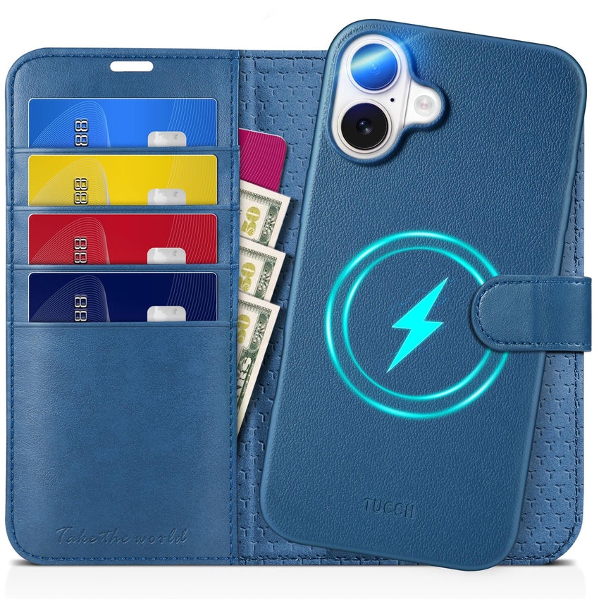 TUCCH Wallet Case for iPhone 16 Pro, [Removable] 2 in 1 [Wireless Charging] RFID Blocking [4 Card Holders] PU Leather Cover, Magnetic Detachable Folding Stand Folio Case for iPhone 16 Pro, Light Brown - 7DAY'S