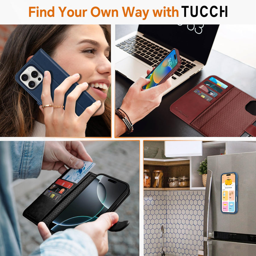 TUCCH Wallet Case for iPhone 16 Pro, [Removable] 2 in 1 [Wireless Charging] RFID Blocking [4 Card Holders] PU Leather Cover, Magnetic Detachable Folding Stand Folio Case for iPhone 16 Pro, Light Brown - 7DAY'S