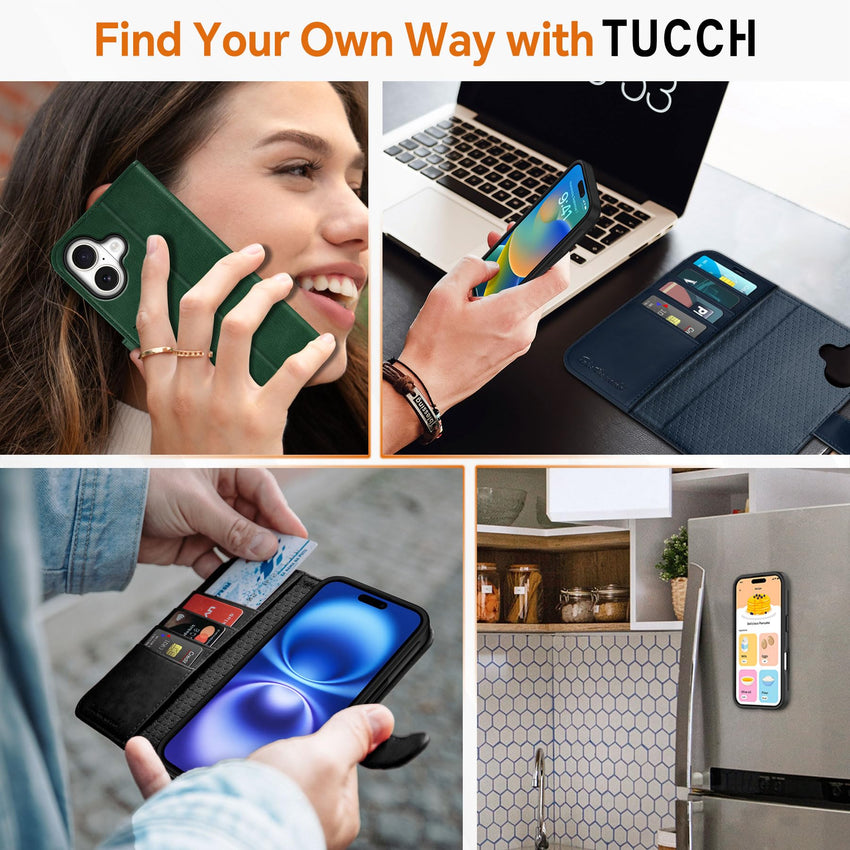 TUCCH Wallet Case for iPhone 16 Pro, [Removable] 2 in 1 [Wireless Charging] RFID Blocking [4 Card Holders] PU Leather Cover, Magnetic Detachable Folding Stand Folio Case for iPhone 16 Pro, Light Brown - 7DAY'S